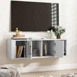 COSTWAY Vægmonteret Reol med 2 Døre, Flydende Opbevaringsskab med 2 Åbne Kubes under TV Konsolbord, Hvid Vit