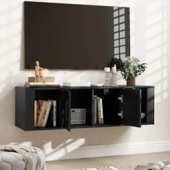 COSTWAY Vægskab med 2 Døre, Flydende Opbevaringsskab med 2 Åbne Kubes under TV-konsolbord, Sort Svart
