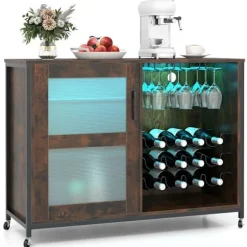 COSTWAY Vinbar Møbel med LED-lys, Justerbare Hylder, Glas- og Flaskeholdere, Køkkenbuffet på Hjul Rustik brun