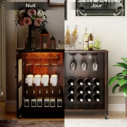 COSTWAY Vinbar Møbel med LED-lys, Justerbare Hylder, Glas- og Flaskeholdere, Køkkenbuffet på Hjul Rustik brun