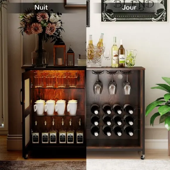 COSTWAY Vinbar Møbel med LED-lys, Justerbare Hylder, Glas- og Flaskeholdere, Køkkenbuffet på Hjul Rustik brun
