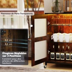 COSTWAY Vinbar Møbel med LED-lys, Justerbare Hylder, Glas- og Flaskeholdere, Køkkenbuffet på Hjul Rustik brun