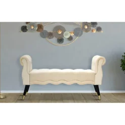 Cremefarvet fløjlsbænk, guldfinish, 120x40x60 cm