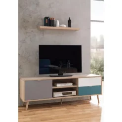 CUBA skandinavisk tv-skab - Eg, grå, hvid og benzinblå indretning - 1 låge - L 150 x D 40 x H 51 cm Brun