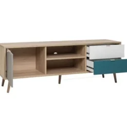 CUBA skandinavisk tv-skab - Eg, grå, hvid og benzinblå indretning - 1 låge - L 150 x D 40 x H 51 cm Brun