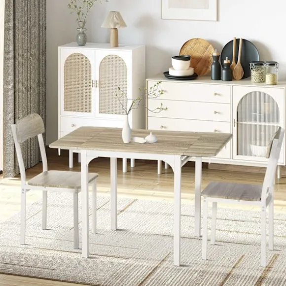 3-Delt Siddegruppe Spisegruppe Med 2 Stole Og 1 Bord Spisebordssæt Og Klapbordplade Stål Mdf Natur + Hvid 120 X 60 X 75 Cm