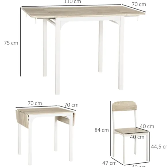 3-Delt Siddegruppe Spisegruppe Med 2 Stole Og 1 Bord Spisebordssæt Og Klapbordplade Stål Mdf Natur + Hvid 120 X 60 X 75 Cm