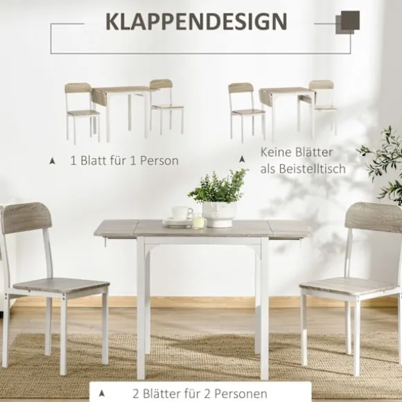 3-Delt Siddegruppe Spisegruppe Med 2 Stole Og 1 Bord Spisebordssæt Og Klapbordplade Stål Mdf Natur + Hvid 120 X 60 X 75 Cm
