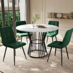 5-delt spisebordssæt med 4 grønne velourstole og rundt bord 100 cm, hvid MDF-plade og sorte ben White