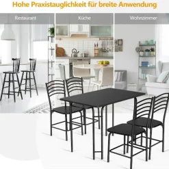 5-delt spisebordssæt rektangulært køkkenbord med 4 stole spisegruppe metalstel siddegruppe spisebord 4 personer pladsbesparende sort
