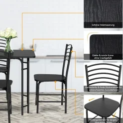 5-delt spisebordssæt rektangulært køkkenbord med 4 stole spisegruppe metalstel siddegruppe spisebord 4 personer pladsbesparende sort