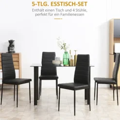 5-Delt Spisebordssæt Spisebord Med 4 Stole & Hærdet Glasplade Sort Stål Til Spisestue