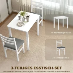 3-delt spisestuesæt med 2 stole, pladsbesparende, hvid MDF