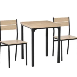 3-Delt Spisestuesæt Med Træbord Mdf + Metal, Naturligt Træ Årer + Sort, 1 Bord + 2 Stole