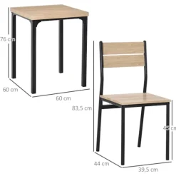 3-Delt Spisestuesæt Med Træbord Mdf + Metal, Naturligt Træ Årer + Sort, 1 Bord + 2 Stole
