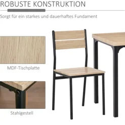 3-Delt Spisestuesæt Med Træbord Mdf + Metal, Naturligt Træ Årer + Sort, 1 Bord + 2 Stole