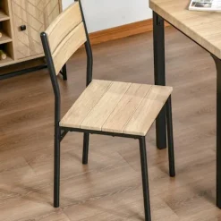 3-Delt Spisestuesæt Med Træbord Mdf + Metal, Naturligt Træ Årer + Sort, 1 Bord + 2 Stole