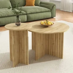 2-delt træ Nest bord sæt | Runde sofaborde i Scandi design | Pladsbesparende & alsidig | Robuste MDF-plader | Hvid Natural