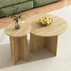 2-delt træ Nest bord sæt | Runde sofaborde i Scandi design | Pladsbesparende & alsidig | Robuste MDF-plader | Hvid Natural