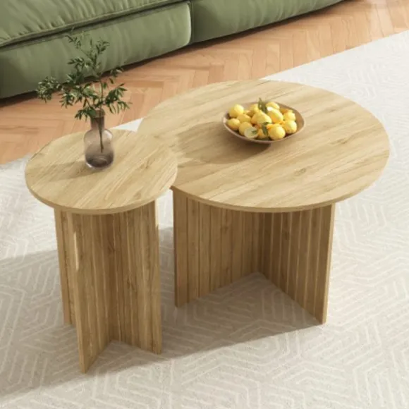 2-delt træ Nest bord sæt | Runde sofaborde i Scandi design | Pladsbesparende & alsidig | Robuste MDF-plader | Hvid Natural