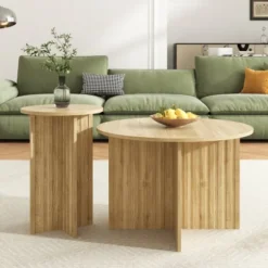 2-delt træ Nest bord sæt | Runde sofaborde i Scandi design | Pladsbesparende & alsidig | Robuste MDF-plader | Hvid Natural