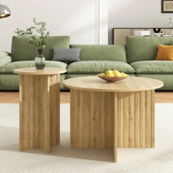 2-delt træ Nest bord sæt | Runde sofaborde i Scandi design | Pladsbesparende & alsidig | Robuste MDF-plader | Hvid Natural