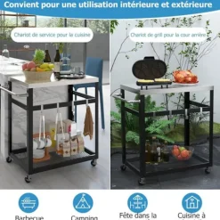 Desserte af køkken med 2 niveauer COSTWAY - 4 universalhjul - Stålplade 73 x 50,5 cm - 4 kroge