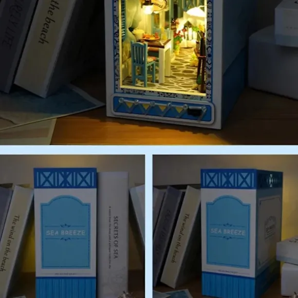 DIY bogreolkits, 3D træpuslespil bogstøtte indsæt dekor med varmt lys