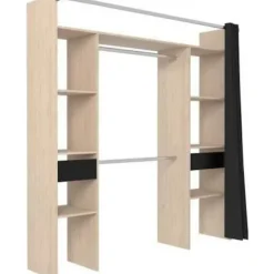 Dobbelt ARTIC garderobe - L198 x P48 x H203 cm - Egetræ dekoration + sort gardin - Fremstillet i Frankrig ek och svart
