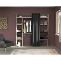 Dobbelt ARTIC garderobe - L198 x P48 x H203 cm - Egetræ dekoration + sort gardin - Fremstillet i Frankrig ek och svart