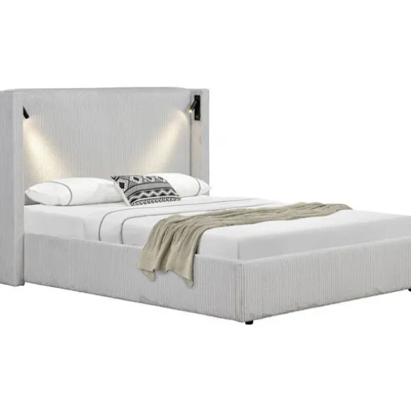 Dobbelt seng i ribbet velour med opbevaringskasse og integreret lampe "Cortina" - 160 x 200 cm - Beige beige