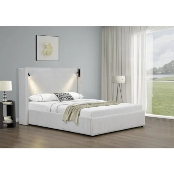 Dobbelt seng i ribbet velour med opbevaringskasse og integreret lampe "Cortina" - 160 x 200 cm - Beige beige