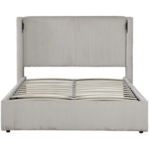 Dobbelt seng i ribbet velour med opbevaringskasse og integreret lampe "Cortina" - 160 x 200 cm - Beige beige