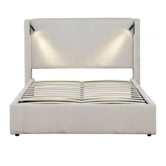Dobbelt seng i ribbet velour med opbevaringskasse og integreret lampe "Cortina" - 160 x 200 cm - Beige beige