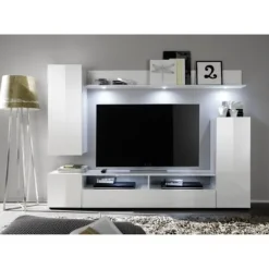 DOS TV skabssæt - LED belysning medfølger - 3 døre - Mat og blank hvid melamin - L208 x D33 x H165 cm Matt vit och blank vit