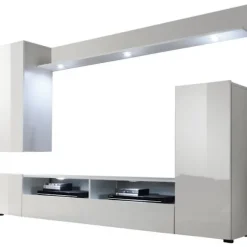 DOS TV skabssæt - LED belysning medfølger - 3 døre - Mat og blank hvid melamin - L208 x D33 x H165 cm Matt vit och blank vit