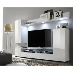DOS TV skabssæt - LED belysning medfølger - 3 døre - Mat og blank hvid melamin - L208 x D33 x H165 cm Matt vit och blank vit