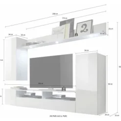 DOS TV skabssæt - LED belysning medfølger - 3 døre - Mat og blank hvid melamin - L208 x D33 x H165 cm Matt vit och blank vit