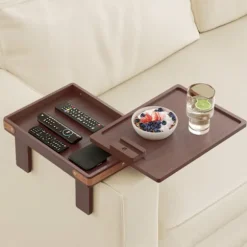 Drejelig armlæn til sofa - 2-lags klemmbar sofabakke med opbevaringsrum - Træ sidebord til stue Natur Mørkebrun Dark Brown