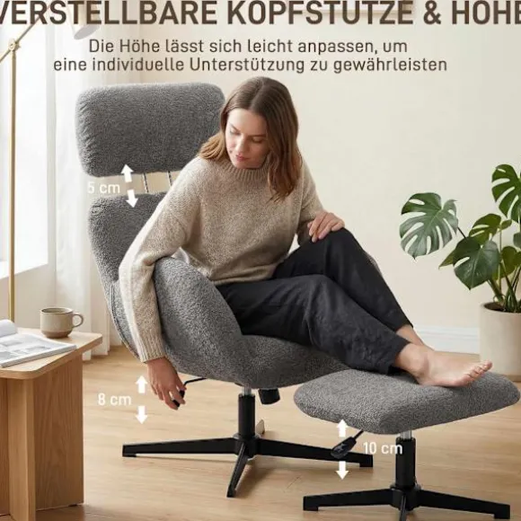 Drejelig lænestol med fodskammel, justerbar nakkestøtte, grå