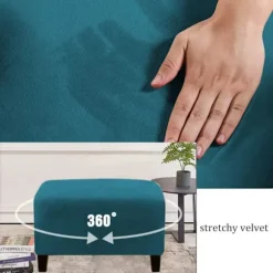 (Dyb vandblå) Stretch Pouf Covers Fløjl Ottoman Cover Rektang