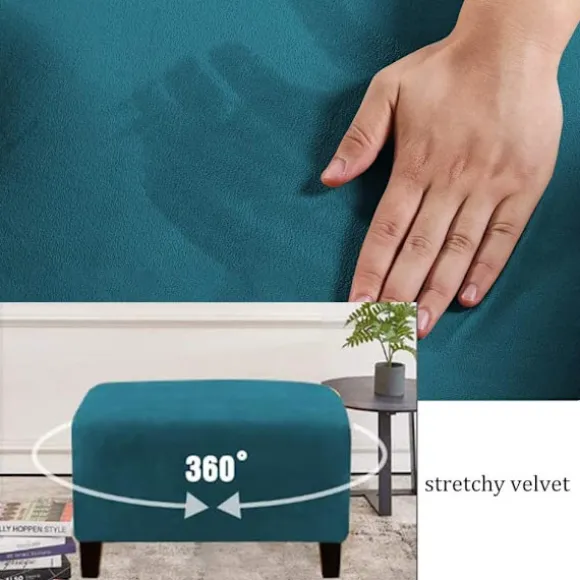 (Dyb vandblå) Stretch Pouf Covers Fløjl Ottoman Cover Rektang