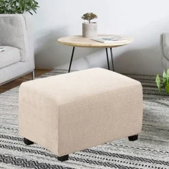 Easy-Going Stretch Ottoman Betræk Sammenklappeligt Opbevaringsskammel Møbelbeskytter Blødt Rektangulært Betræk med Elastisk Bund, Lys Beige