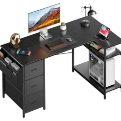 EcoFurnix 140 x 78 cm Spilbord, L med 3 skuffer, Computerbord med opbevaringspose, Sort Svart