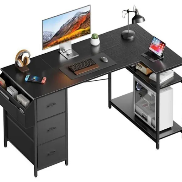 EcoFurnix 140 x 78 cm Spilbord, L med 3 skuffer, Computerbord med opbevaringspose, Sort Svart