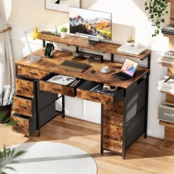 EcoFurnix Bureau Gaming 120 × 50 cm, spillebord udstyret med LED-belysning, stikkontakter og USB-porte, Brun brun