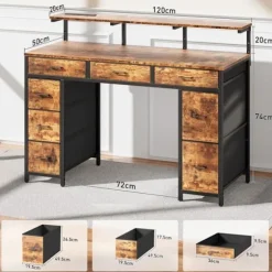 EcoFurnix Bureau Gaming 120 × 50 cm, spillebord udstyret med LED-belysning, stikkontakter og USB-porte, Brun brun