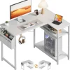 EcoFurnix Reversibel Vinkelbord, 110 x 80 cm Lille Gaming L-bord med Opbevaringshylder, Computerbord, Hvid
