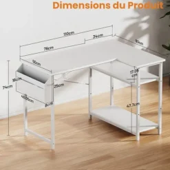 EcoFurnix Reversibel Vinkelbord, 110 x 80 cm Lille Gaming L-bord med Opbevaringshylder, Computerbord, Hvid