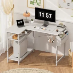 EcoFurnix Reversibel Vinkelbord, 110 x 80 cm Lille Gaming L-bord med Opbevaringshylder, Computerbord, Hvid
